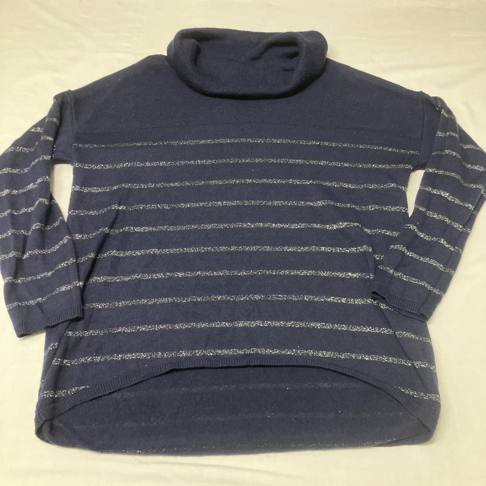 Coldwater Creek Navy Blue Silver Metallic Stripe Cowl Neck Merino Wool Sweater M